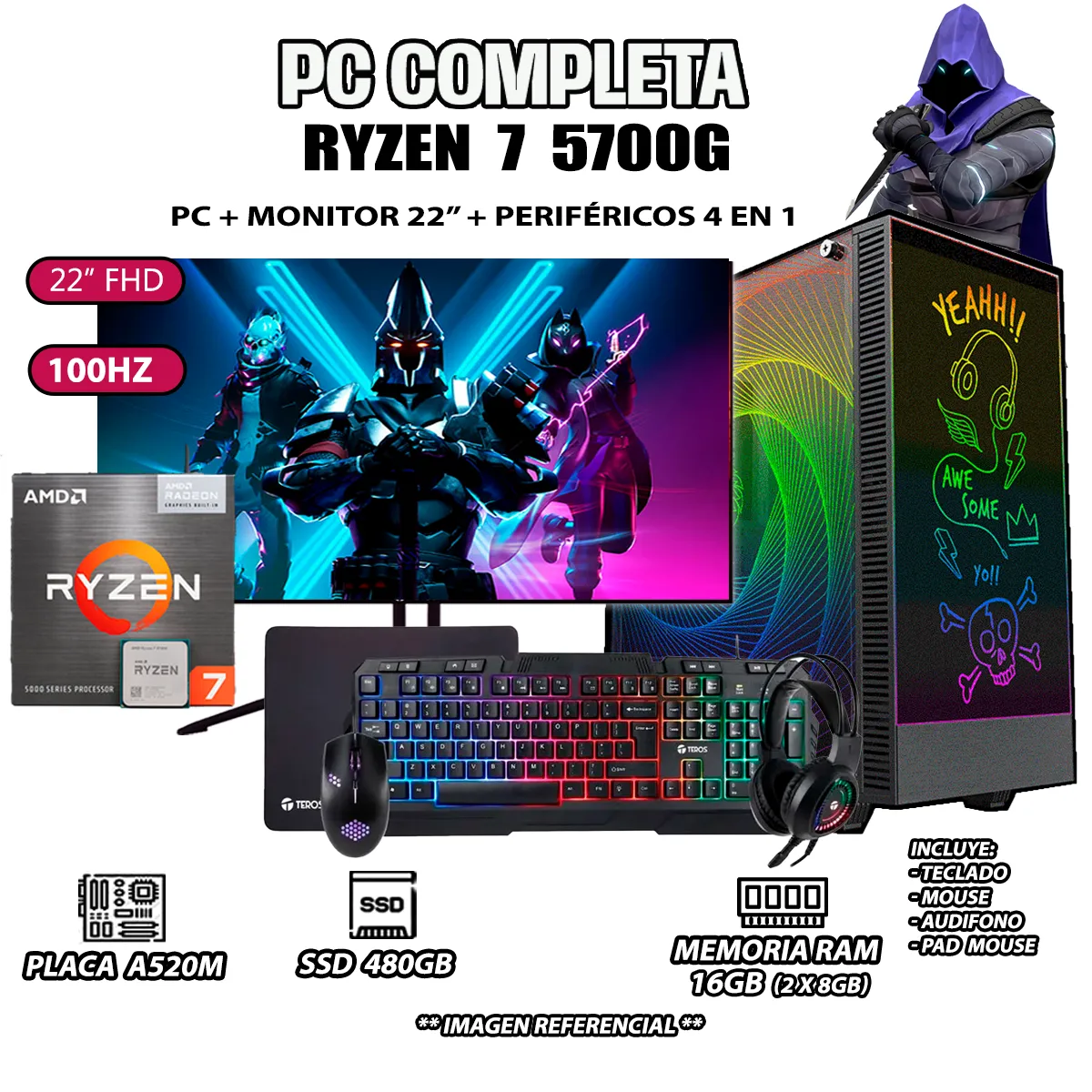 COMPUTADORA COMPLETA RYZEN 7 5700G RAM 16GB DISCO SSD 500GB MONITOR 24' FULL HD - 2