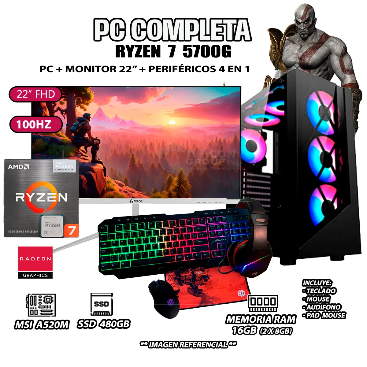 COMPUTADORA COMPLETA RYZEN 7 5700G RAM 16GB DISCO SSD 500GB MONITOR 22' FHD - 1