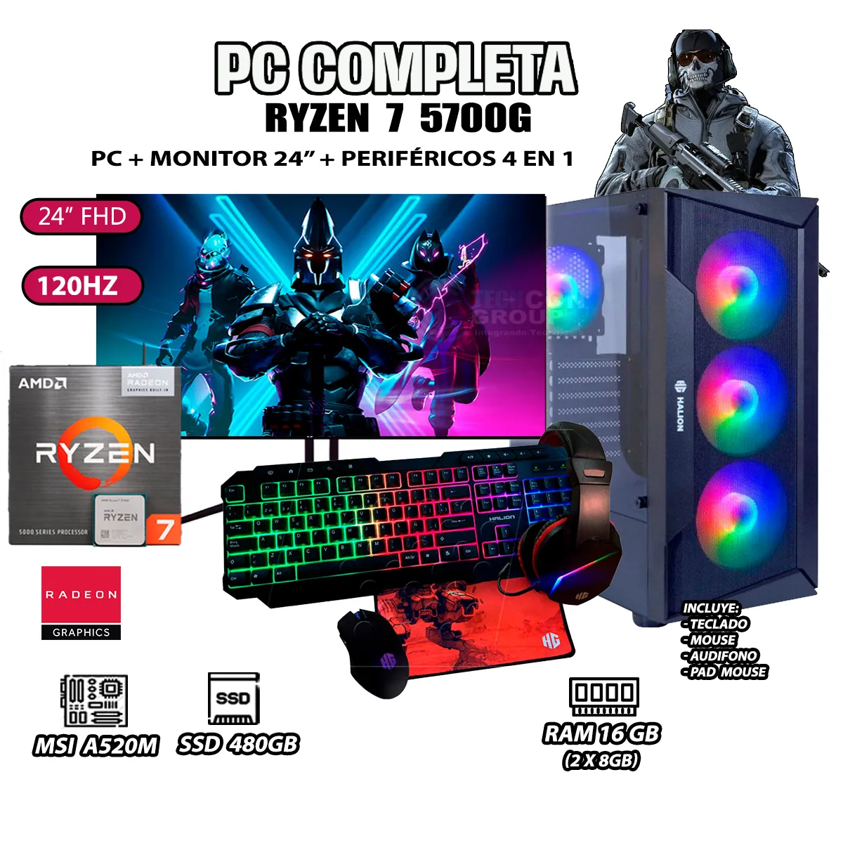 COMPUTADORA COMPLETA RYZEN 7 5700G RAM 16GB DISCO SSD 500GB MONITOR 24' FHD - 1