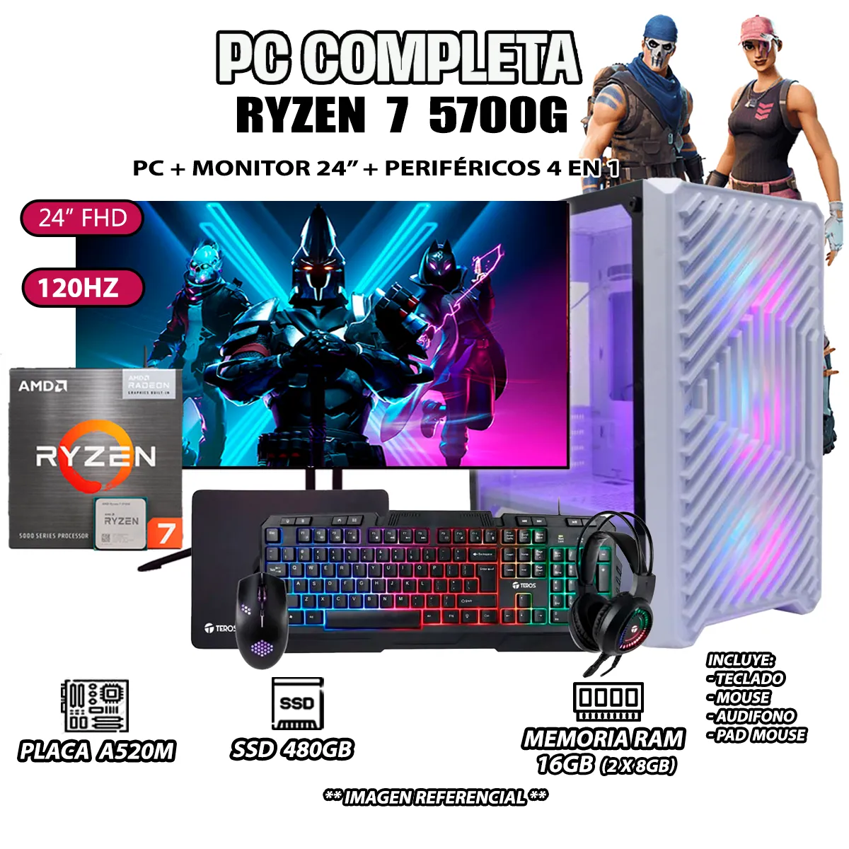 COMPUTADORA COMPLETA RYZEN 7 5700G RAM 16GB DISCO SSD 500GB MONITOR 24' FULL HD - 1