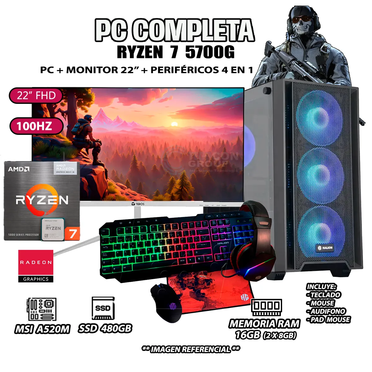 COMPUTADORA COMPLETA RYZEN 7 5700G RAM 16GB DISCO SSD 500GB MONITOR 22' FHD - 1