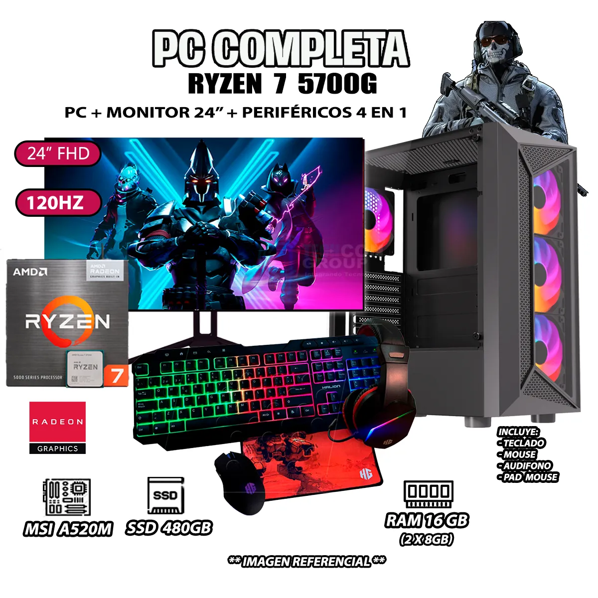 COMPUTADORA COMPLETA RYZEN 7 5700G RAM 16GB DISCO SSD 500GB MONITOR 24' FHD - 1