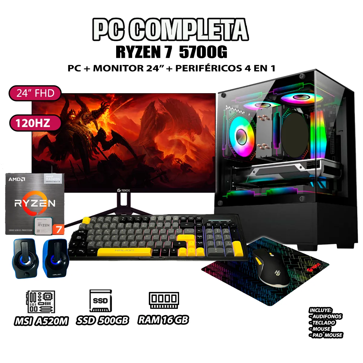 COMPUTADORA PC GAMER RYZEN 7 5700G RAM 16GB SSD 500GB MONITOR 24' FULL HD - 1