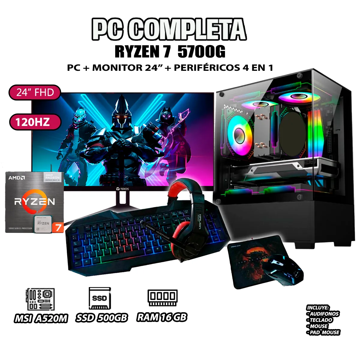 COMPUTADORA PC GAMER RYZEN 7 5700G RAM 16GB SSD 500GB MONITOR 24' FULL HD - 1