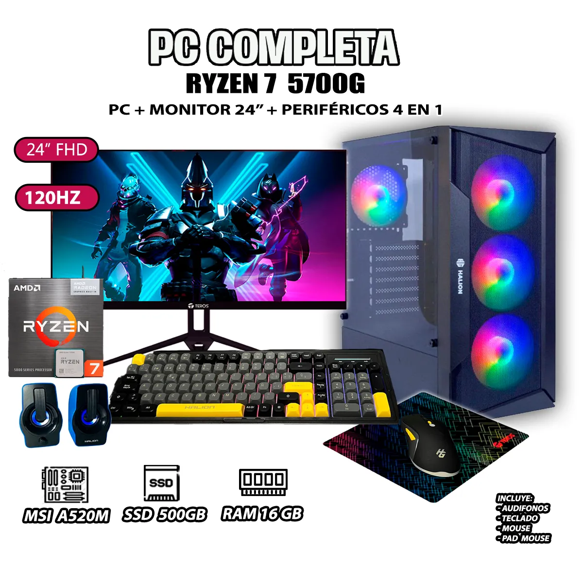 COMPUTADORA PC GAMER RYZEN 7 5700G RAM 16GB SSD 500GB MONITOR 24' FULL HD - 1