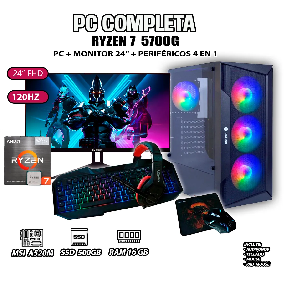 COMPUTADORA PC GAMER RYZEN 7 5700G RAM 16GB SSD 500GB MONITOR 24' FULL HD - 1