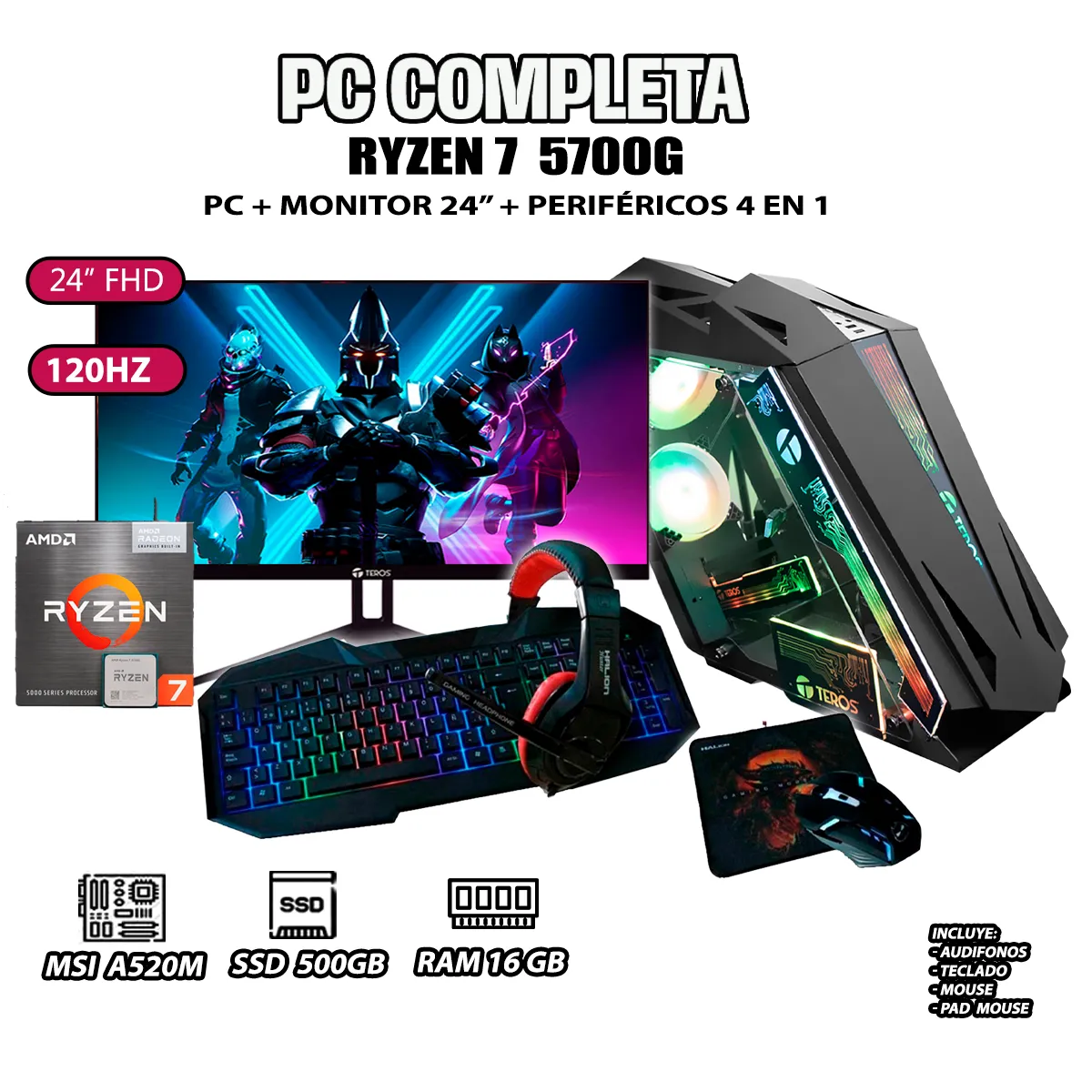 COMPUTADORA PC GAMER RYZEN 7 5700G RAM 16GB SSD 500GB MONITOR 24' FULL HD - 1
