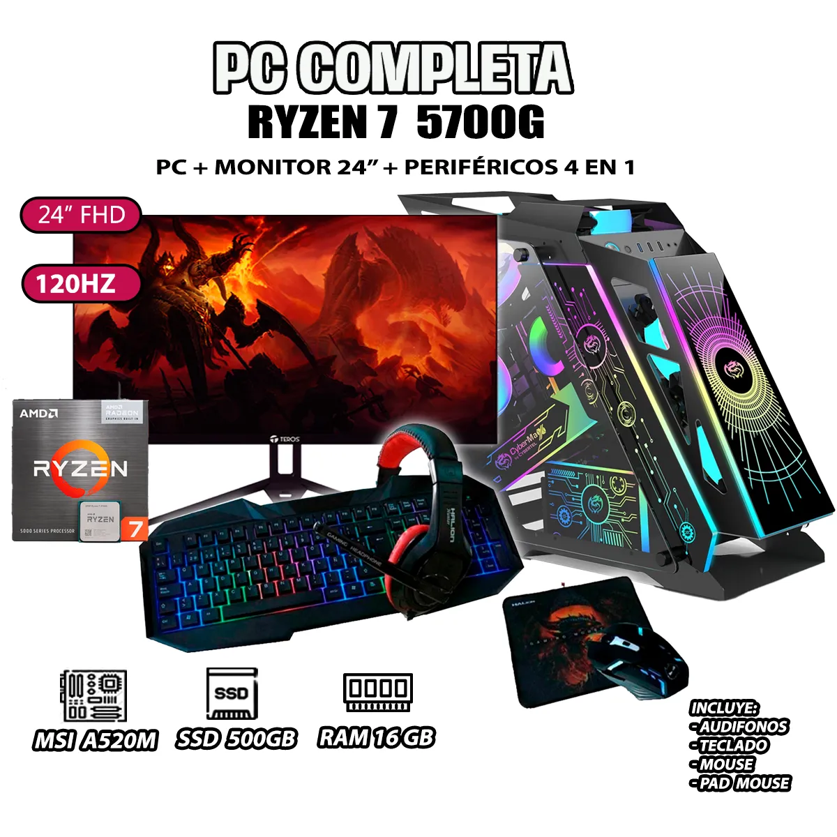 COMPUTADORA PC GAMER RYZEN 7 5700G RAM 16GB SSD 500GB MONITOR 24' FULL HD - 1