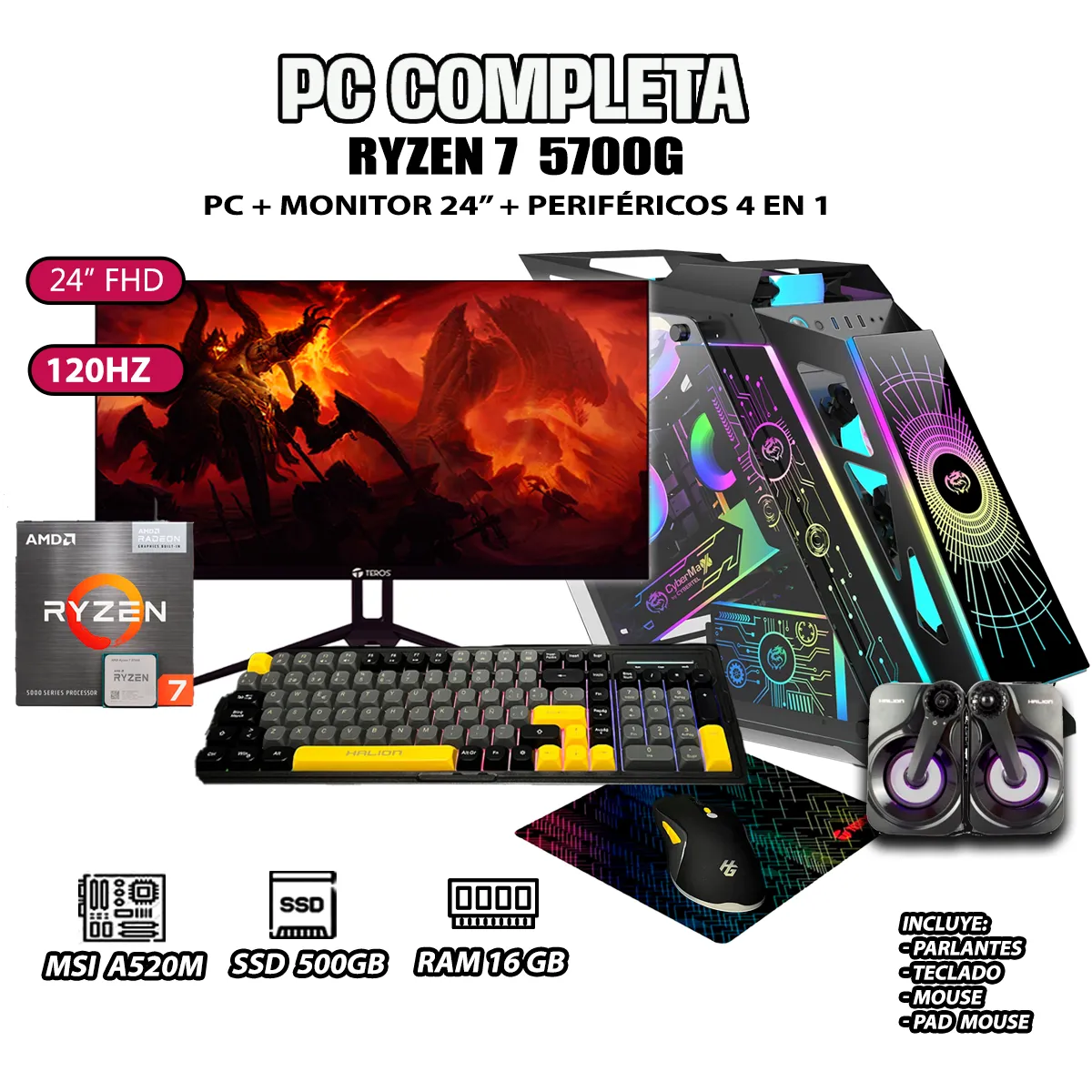 COMPUTADORA PC GAMER RYZEN 7 5700G RAM 16GB SSD 500GB MONITOR 24' FULL HD - 1