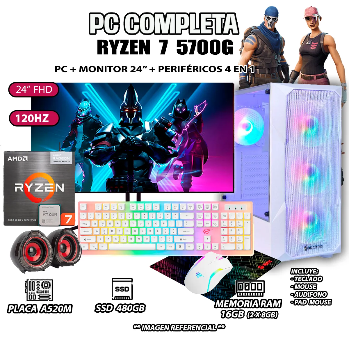 COMPUTADORA COMPLETA RYZEN 7 5700G RAM 16GB DISCO SSD 500GB MONITOR 24' FULL HD - 1