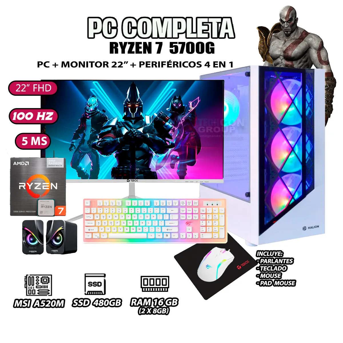 COMPUTADORA COMPLETA RYZEN 7 5700G RAM 16GB DISCO SSD 500GB MONITOR 22' FHD - 1