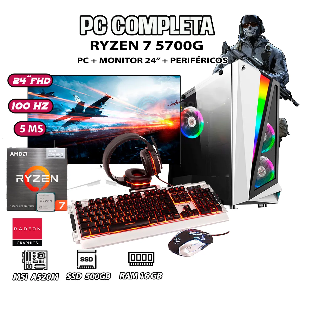 COMPUTADORA PC GAMER R5 WHITE RYZEN 7 5700G RAM 16GB SSD 500GB MONITOR 24' FHD - 1