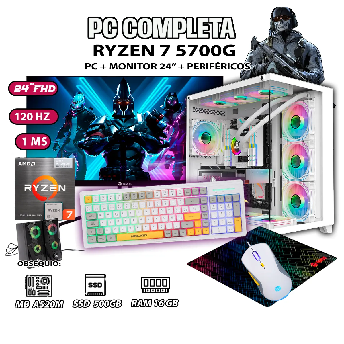 COMPUTADORA PC GAMER RYZEN 7 5700G RAM 16GB SSD 500GB MONITOR 24' FULL HD - 1