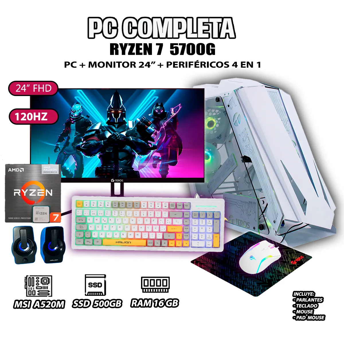 COMPUTADORA PC GAMER RYZEN 7 5700G RAM 16GB SSD 500GB MONITOR 24' FULL HD - 1