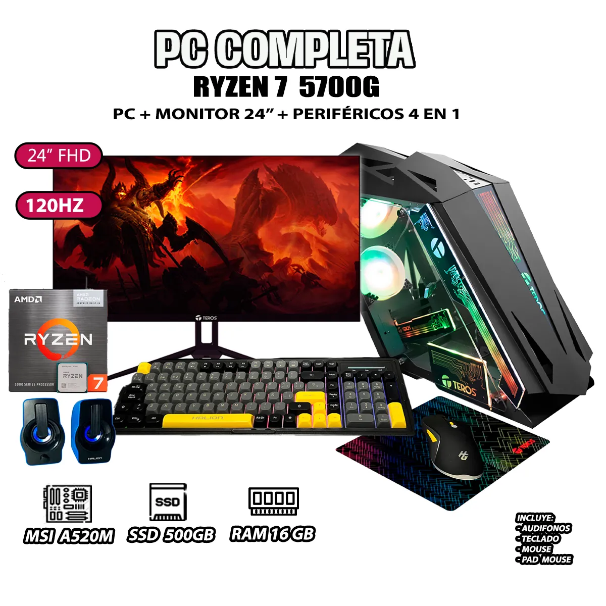 COMPUTADORA PC GAMER RYZEN 7 5700G RAM 16GB SSD 500GB MONITOR 24' FULL HD - 1