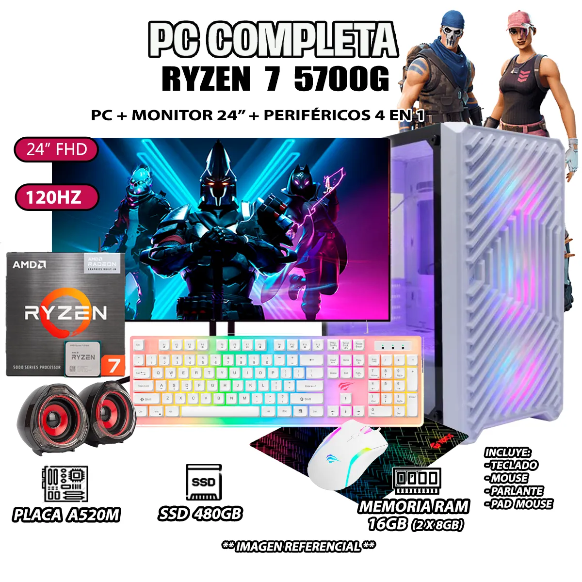 COMPUTADORA COMPLETA RYZEN 7 5700G RAM 16GB DISCO SSD 500GB MONITOR 24' FULL HD - 1