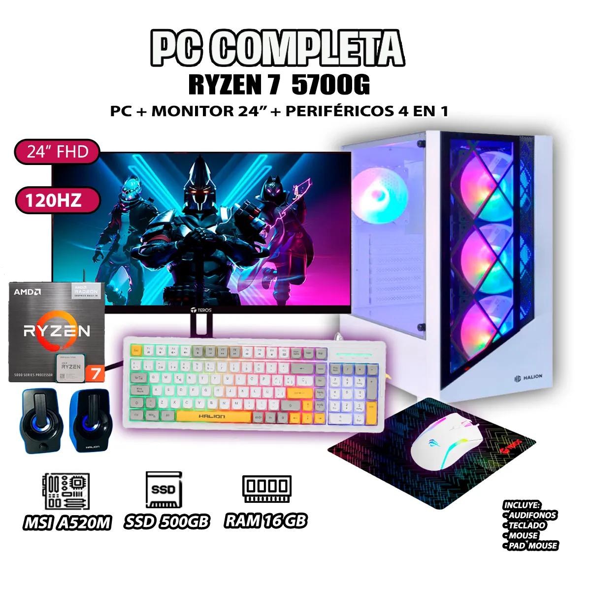COMPUTADORA PC GAMER RYZEN 7 5700G RAM 16GB SSD 500GB MONITOR 24' FULL HD - 1