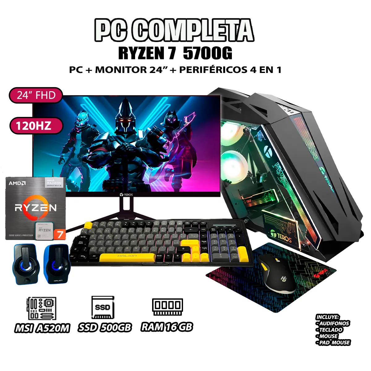 COMPUTADORA PC GAMER RYZEN 7 5700G RAM 16GB SSD 500GB MONITOR 24' FULL HD - 1