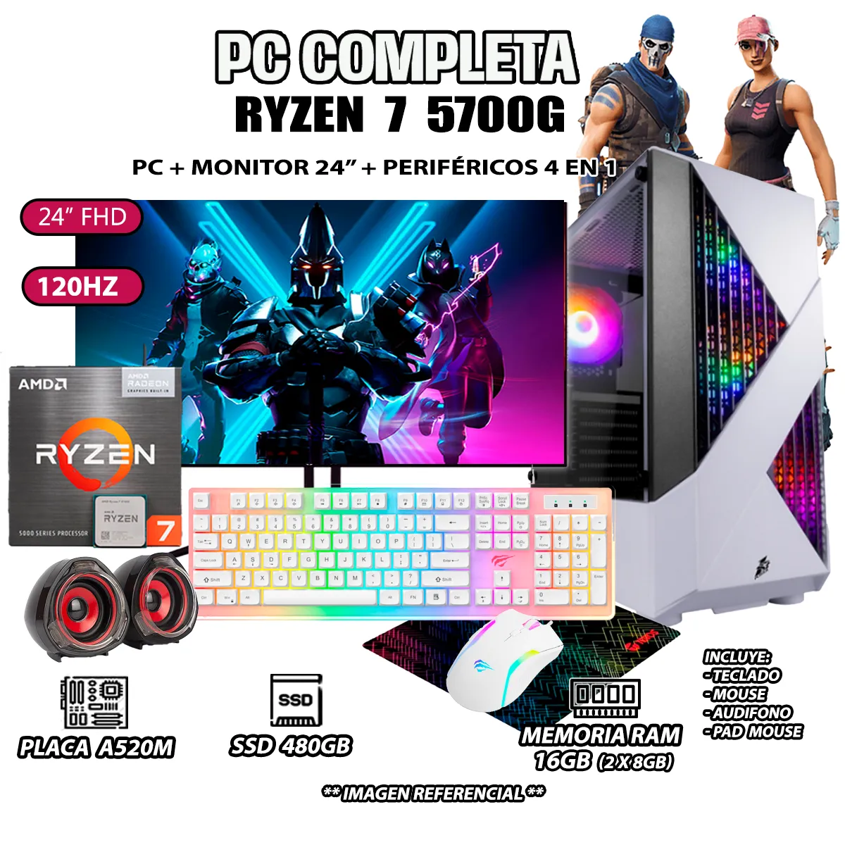 COMPUTADORA COMPLETA RYZEN 7 5700G RAM 16GB DISCO SSD 500GB MONITOR 24' FULL HD - 1