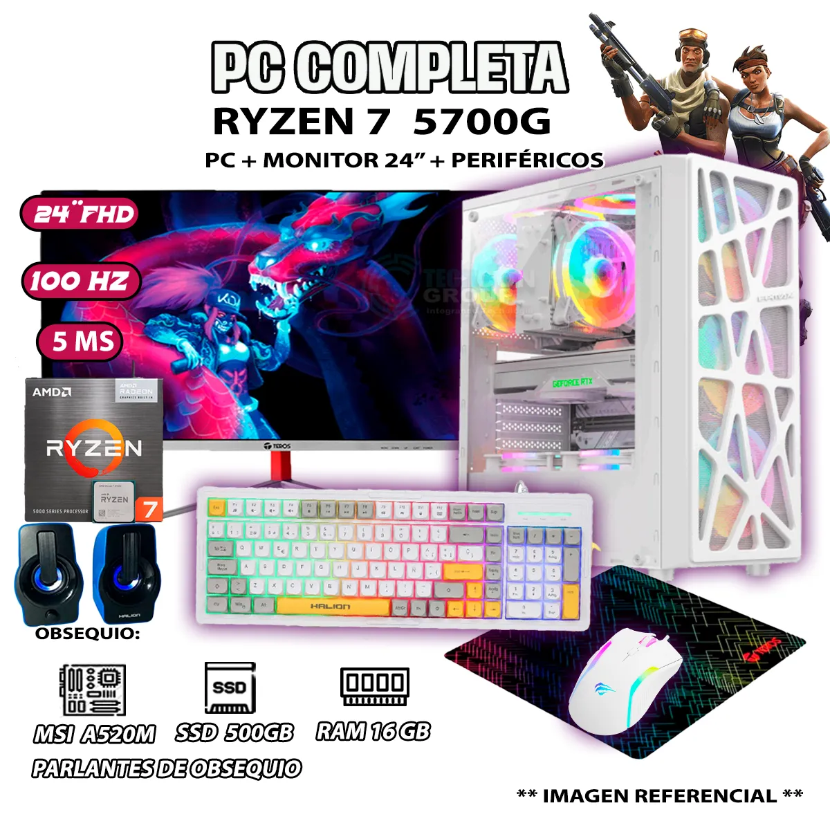 COMPUTADORA COMPLETA RYZEN 7 5700G RAM 16GB DISCO SSD 500GB MONITOR 24' FHD - 1