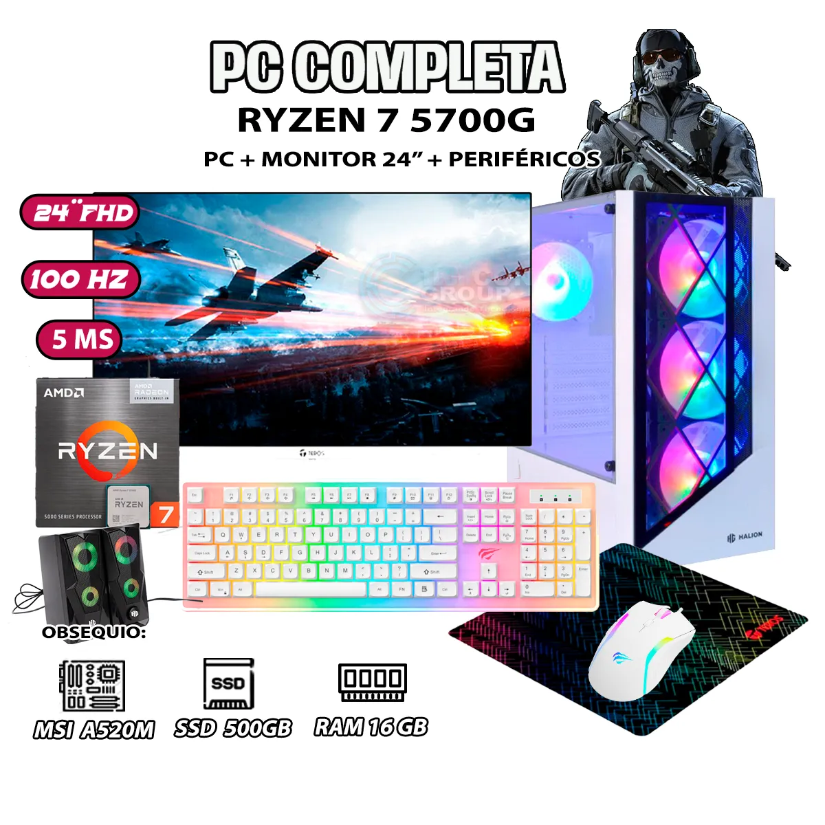 COMPUTADORA COMPLETA RYZEN 7 5700G RAM 16GB DISCO SSD 500GB MONITOR 24' FHD - 1