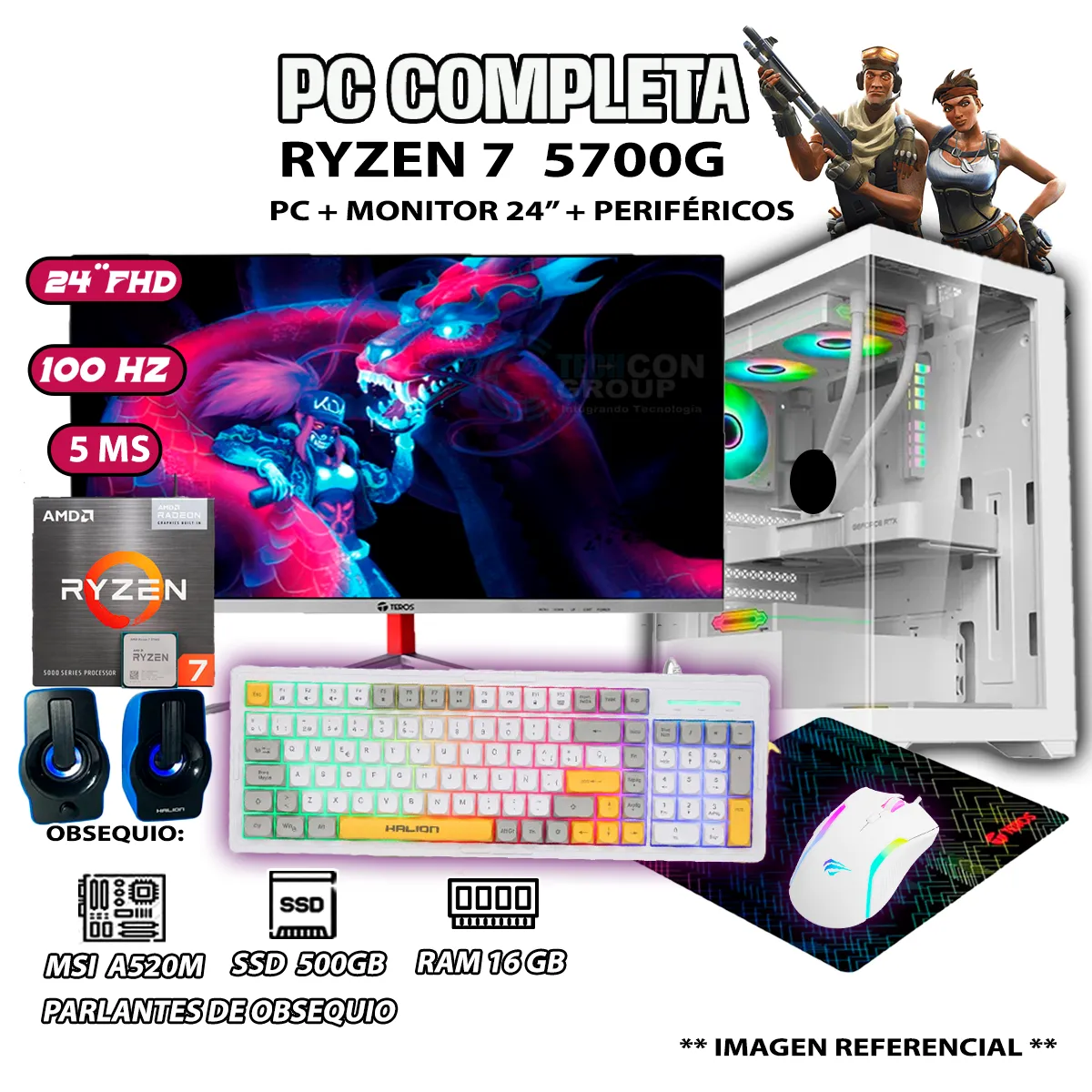 COMPUTADORA COMPLETA RYZEN 7 5700G RAM 16GB DISCO SSD 500GB MONITOR 24' FHD - 1