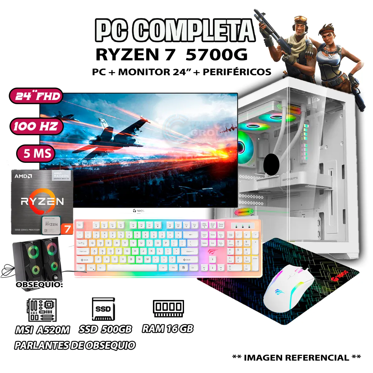COMPUTADORA COMPLETA RYZEN 7 5700G RAM 16GB DISCO SSD 500GB MONITOR 24' FHD - 1