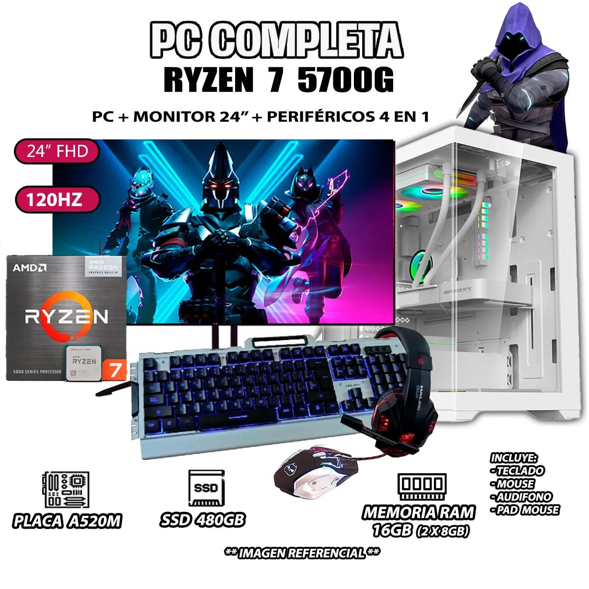 COMPUTADORA COMPLETA RYZEN 7 5700G RAM 16GB DISCO SSD 500GB MONITOR 24' FULL HD - 1