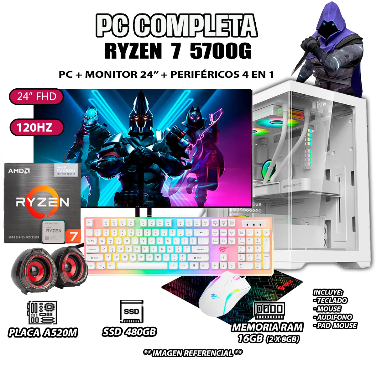 COMPUTADORA COMPLETA RYZEN 7 5700G RAM 16GB DISCO SSD 500GB MONITOR 24' FULL HD - 1
