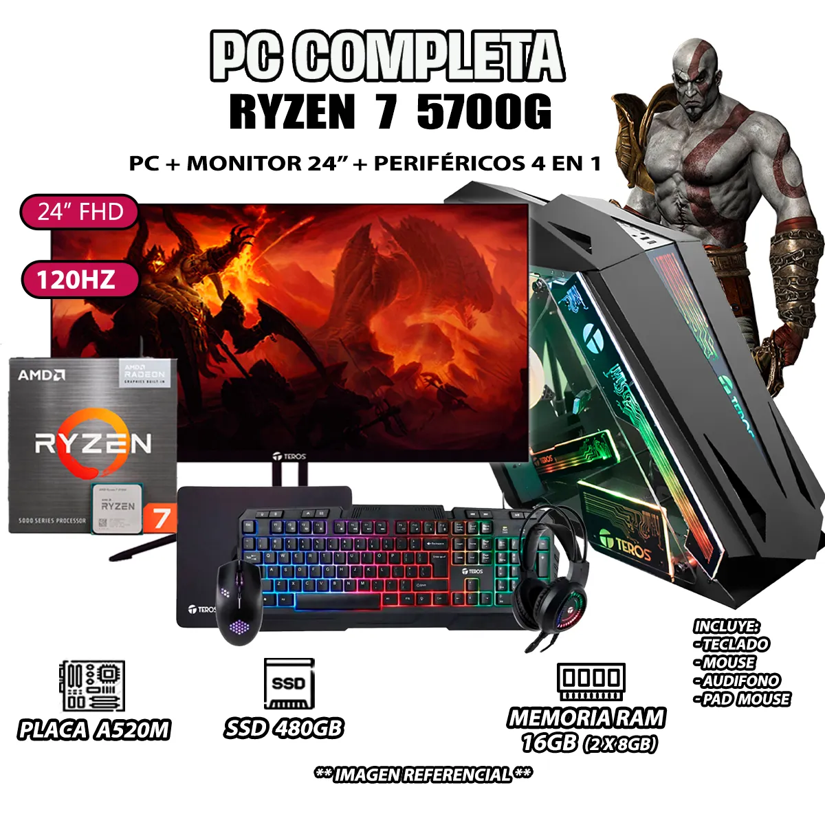 COMPUTADORA COMPLETA RYZEN 7 5700G RAM 16GB DISCO SSD 500GB MONITOR 24' FHD - 1