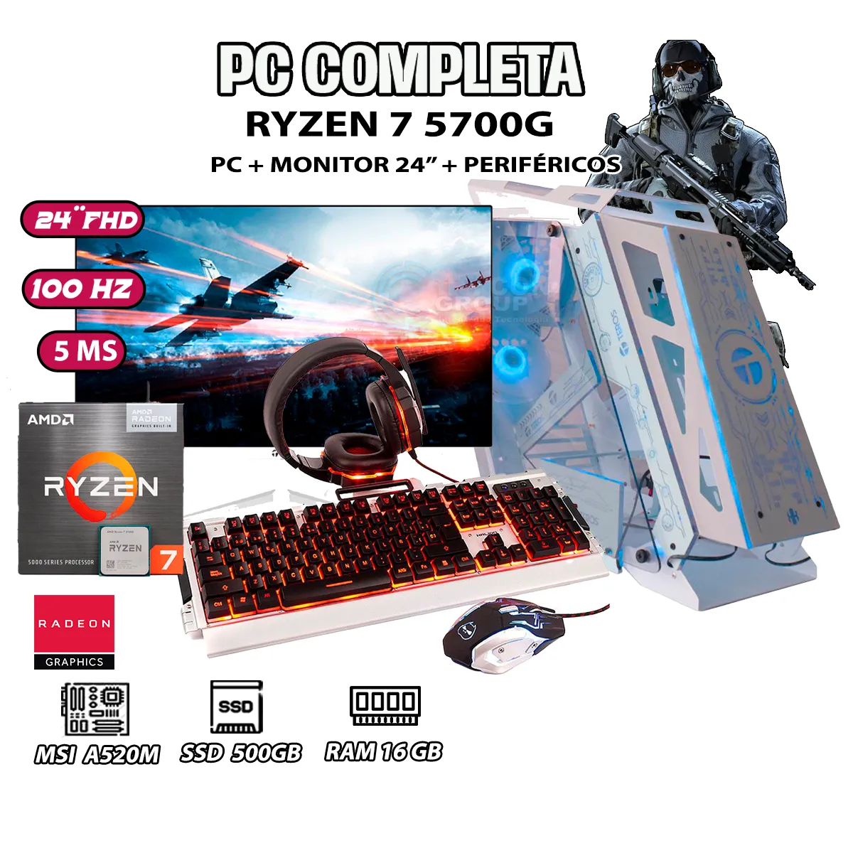 COMPUTADORA PC GAMER RYZEN 7 5700G RAM 16GB SSD 500GB MONITOR 24' FULL HD - 1