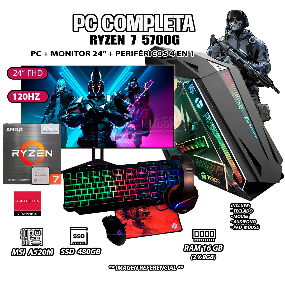 COMPUTADORA COMPLETA RYZEN 7 5700G RAM 16GB DISCO SSD 500GB MONITOR 24' FHD - 1