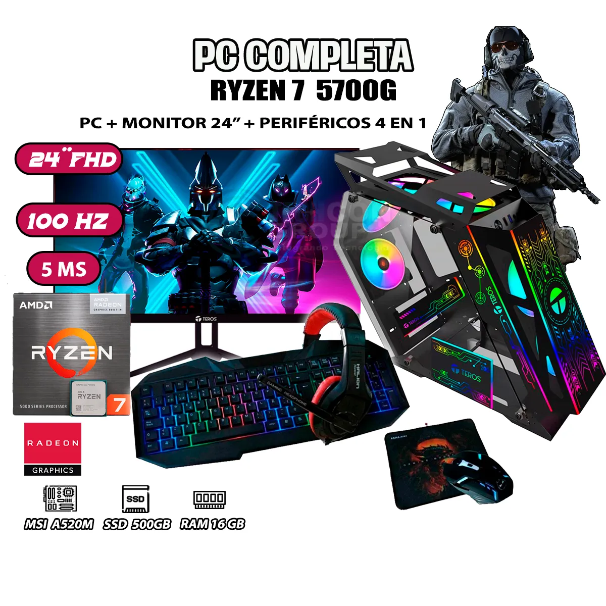 COMPUTADORA PC GAMER RYZEN 7 5700G RAM 16GB SSD 500GB MONITOR 24' FULL HD - 1