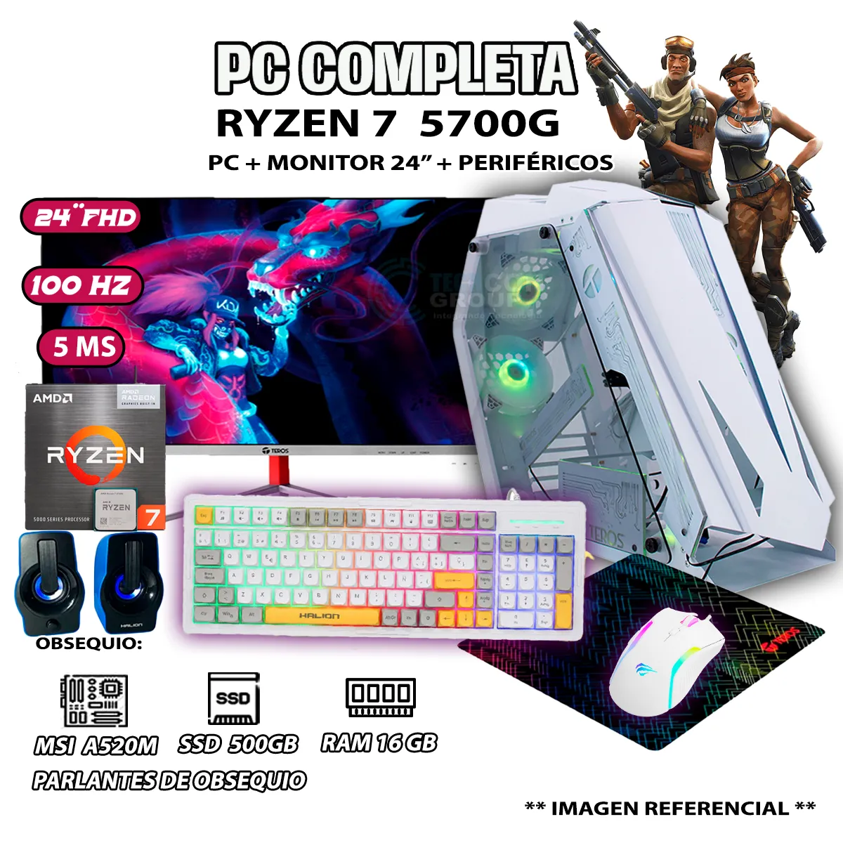 COMPUTADORA COMPLETA RYZEN 7 5700G RAM 16GB DISCO SSD 500GB MONITOR 24' FHD - 1