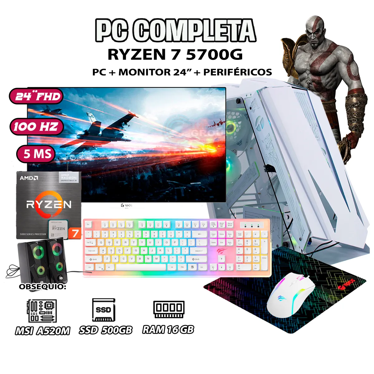 COMPUTADORA COMPLETA RYZEN 7 5700G RAM 16GB DISCO SSD 500GB MONITOR 24' FHD - 1