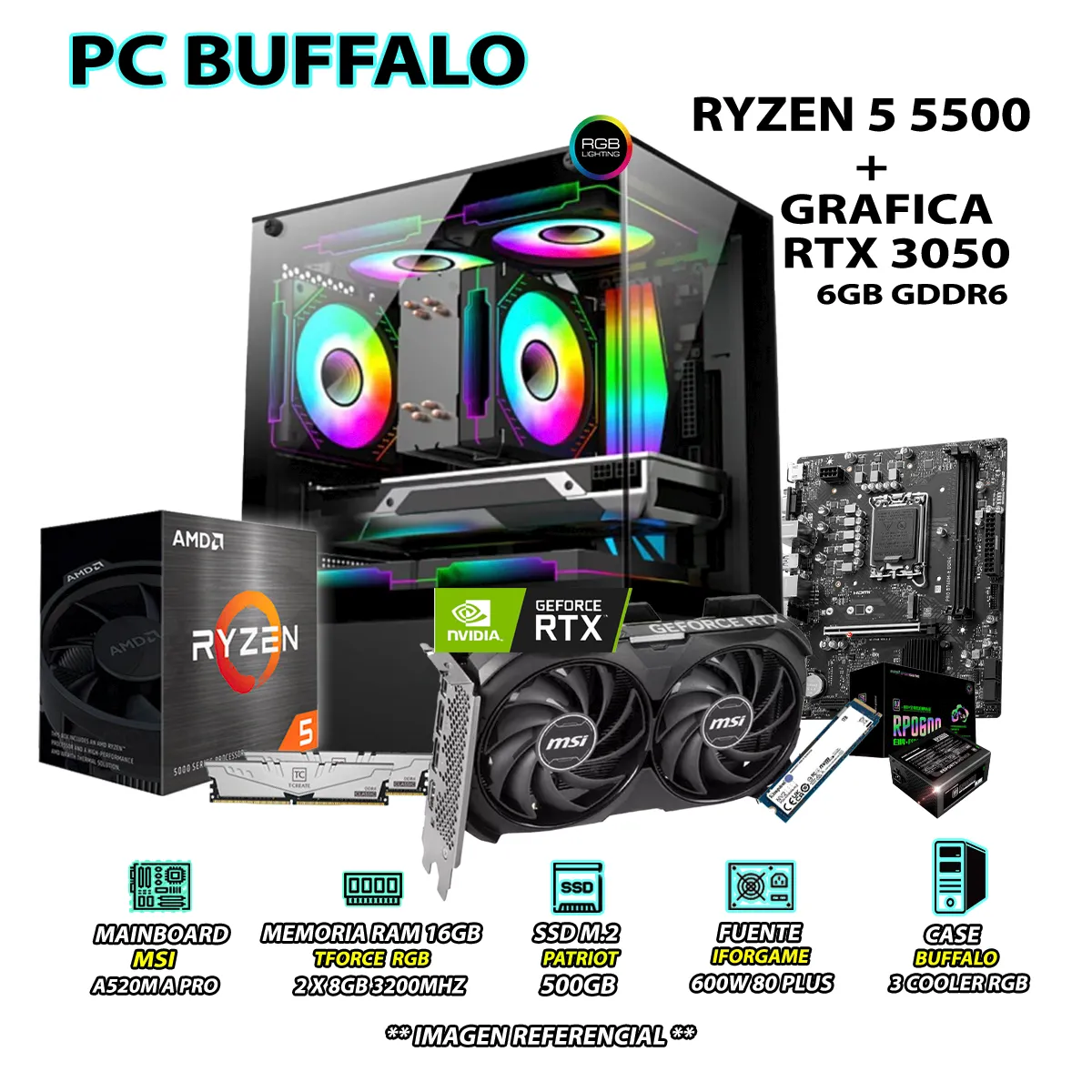 COMPUTADORA GAMER PRO RYZEN 5 5500 RAM 16GB SSD 500GB RTX 3050 6GB - 1