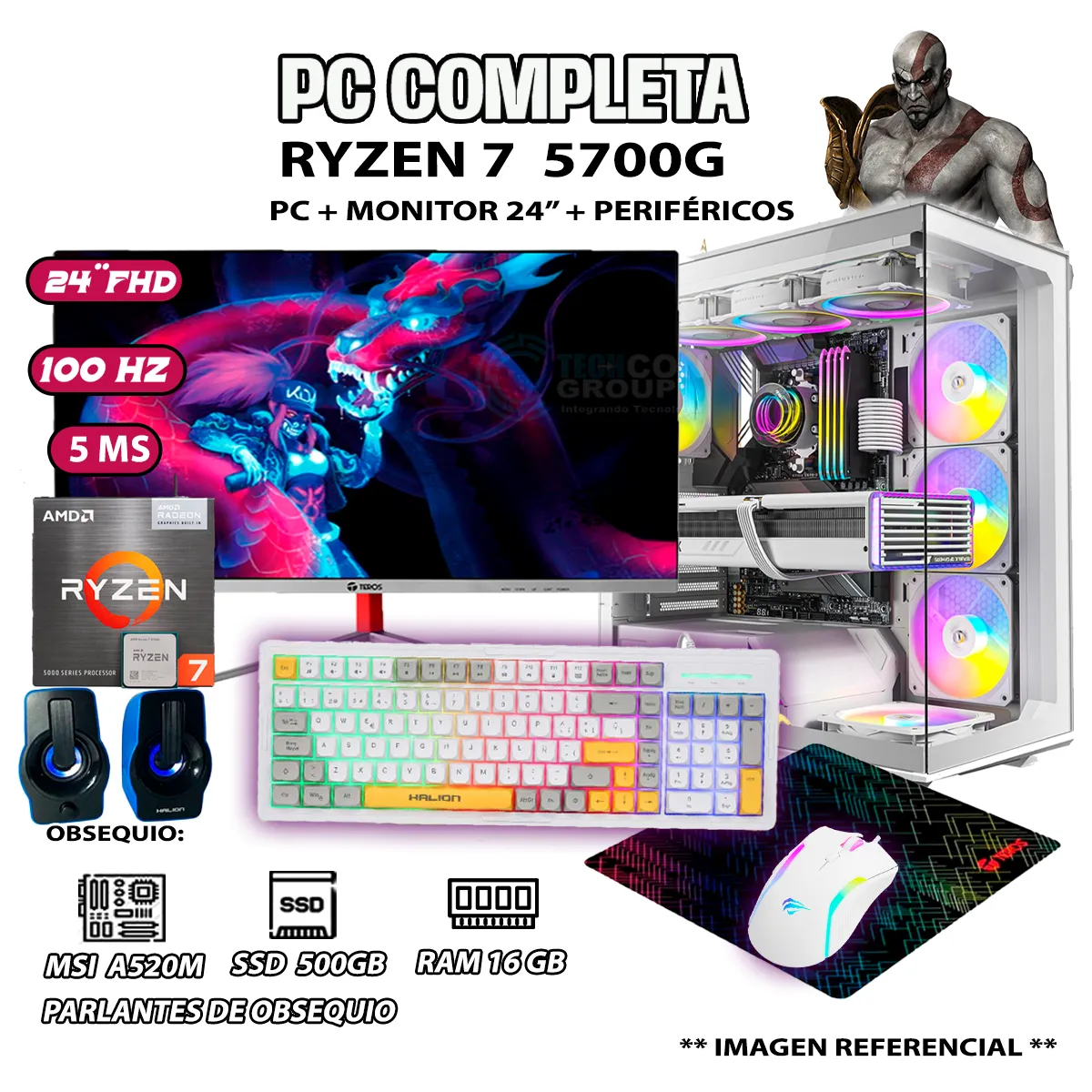 COMPUTADORA COMPLETA RYZEN 7 5700G RAM 16GB DISCO SSD 500GB MONITOR 24' FHD - 1