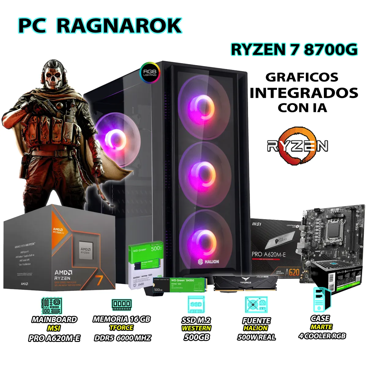 COMPUTADORA PC RYZEN 7 8700G RAM 16GB DISCO 500GB SSD CON GRAFICOS AMD RADEON - 1