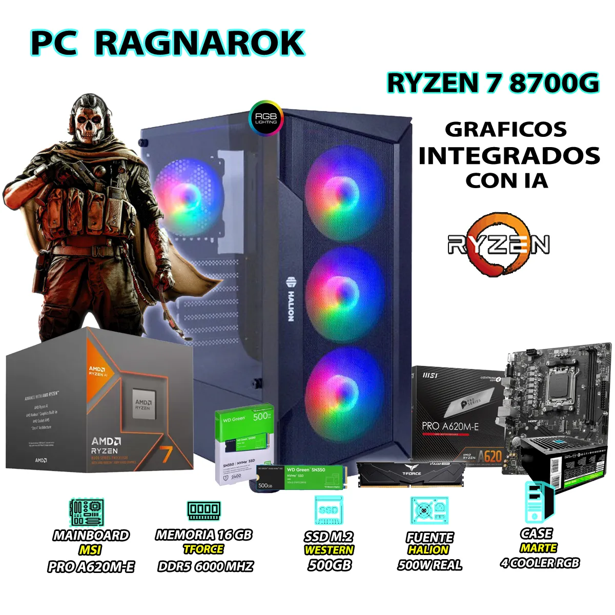 COMPUTADORA PC RYZEN 7 8700G RAM 16GB DISCO 500GB SSD CON GRAFICOS AMD RADEON - 1
