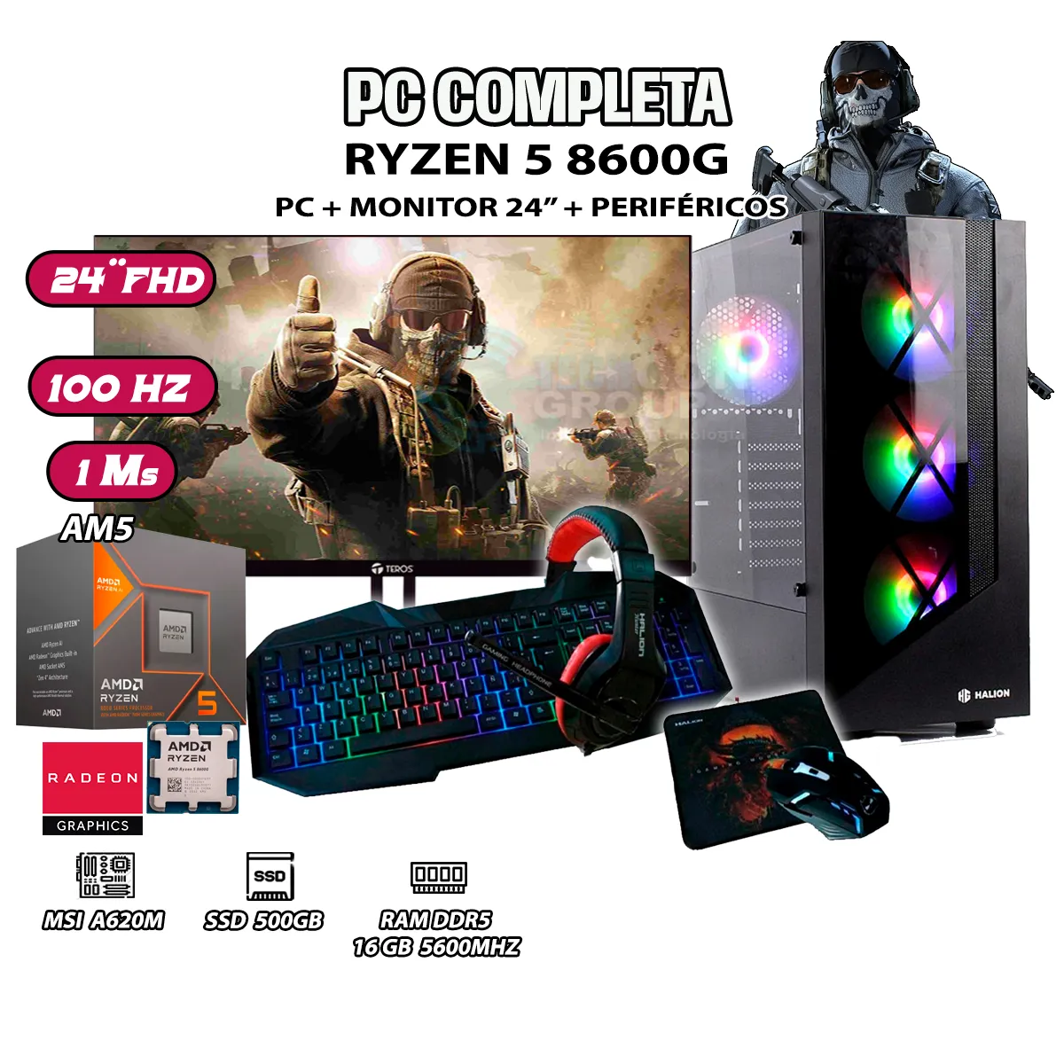 COMPUTADORA COMPLETA ROBOT RYZEN 5 8600G RAM DDR5 16GB SSD 500GB SSD MONITOR 24' - 1