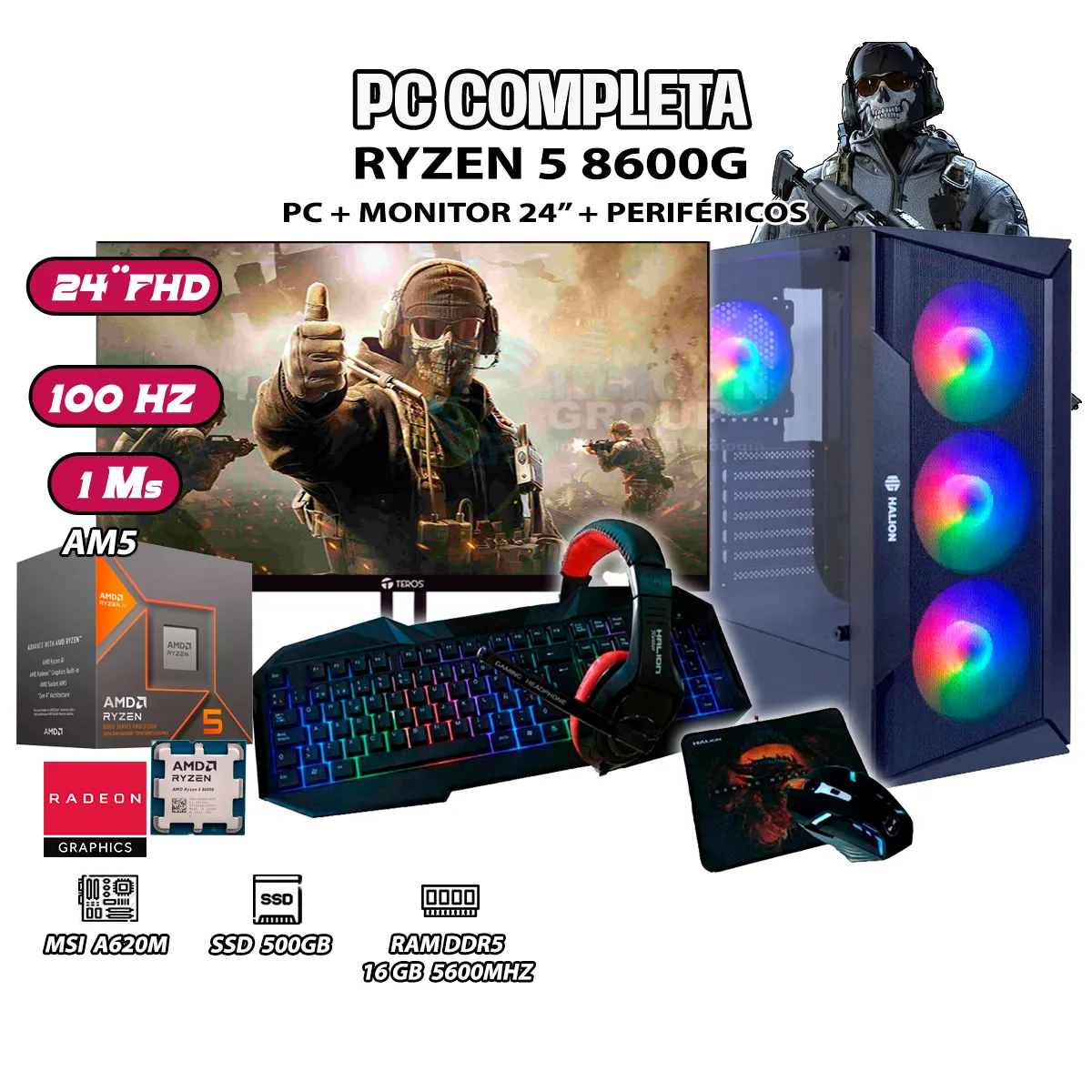 COMPUTADORA PC COMPLETA RYZEN 5 8600G RAM DDR5 16GB SSD 500GB SSD MONITOR 24' - 1