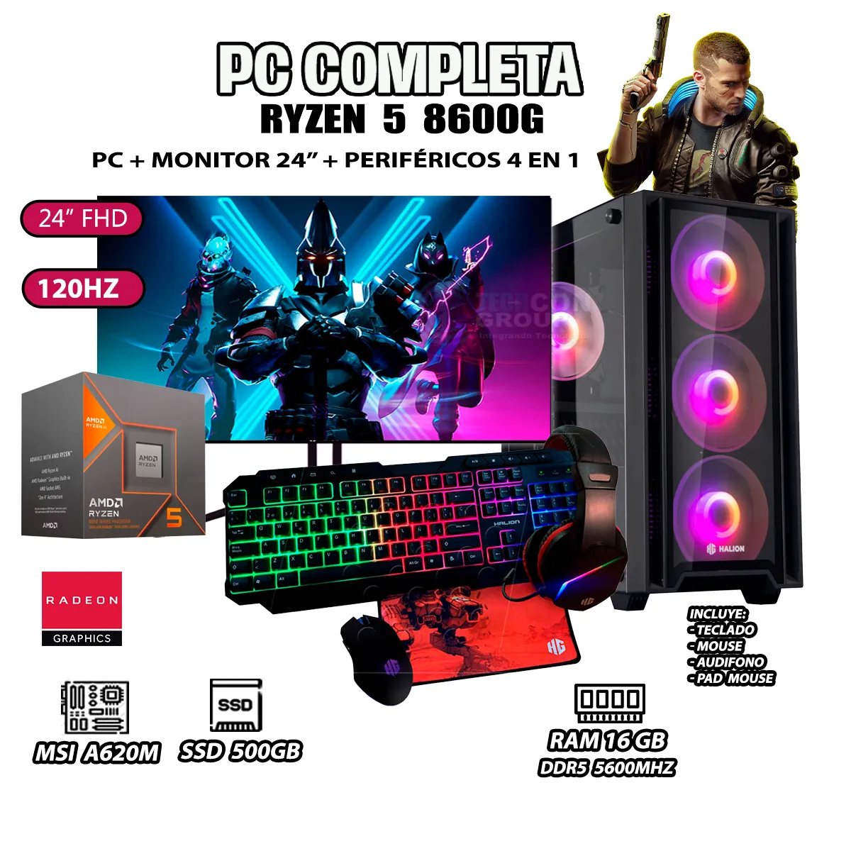 COMPUTADORA PC COMPLETA RYZEN 5 8600G RAM 16GB SSD 500GB MONITOR 24' FULL HD - 1