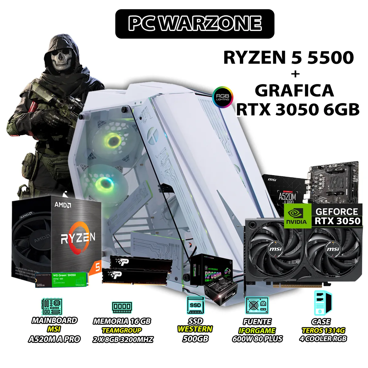 COMPUTADORA PC GAMER RYZEN 5 5500 RAM 16GB DISCO SSD 500GB GRAFICA RTX 3050 6GB - 1