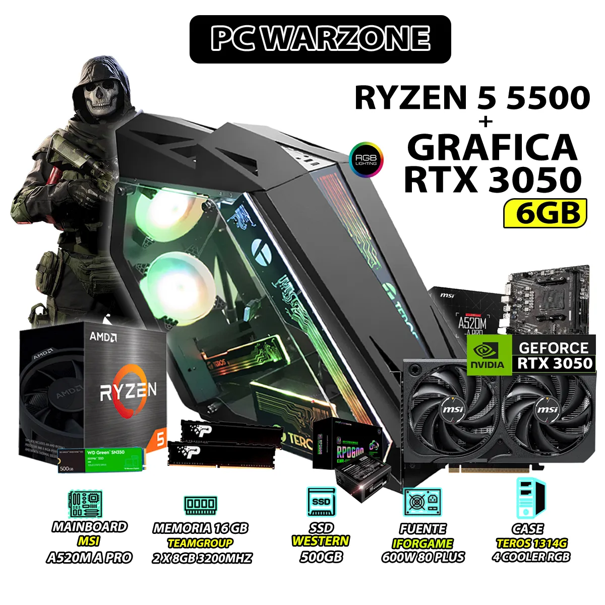 COMPUTADORA PC GAMER RYZEN 5 5500 RAM 16GB DISCO SSD 500GB GRAFICA RTX 3050 6GB - 1
