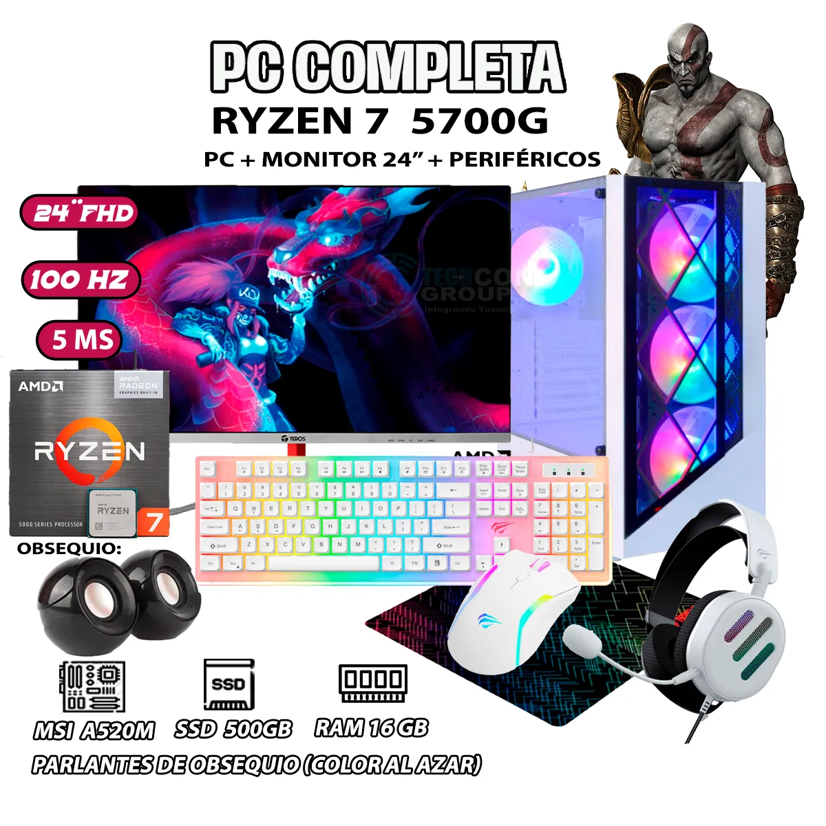 COMPUTADORA PC GAMER DRAGON RYZEN 7 5700G RAM 16GB SSD 500GB MONITOR 24' FHD - 1