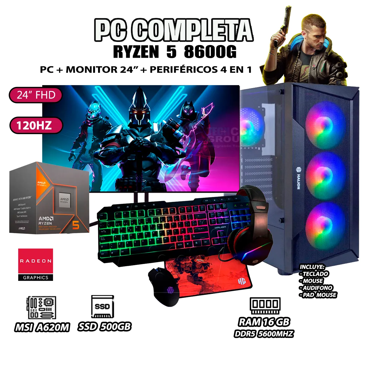COMPUTADORA PC COMPLETA RYZEN 5 8600G RAM 16GB SSD 500GB MONITOR 24' FULL HD - 1