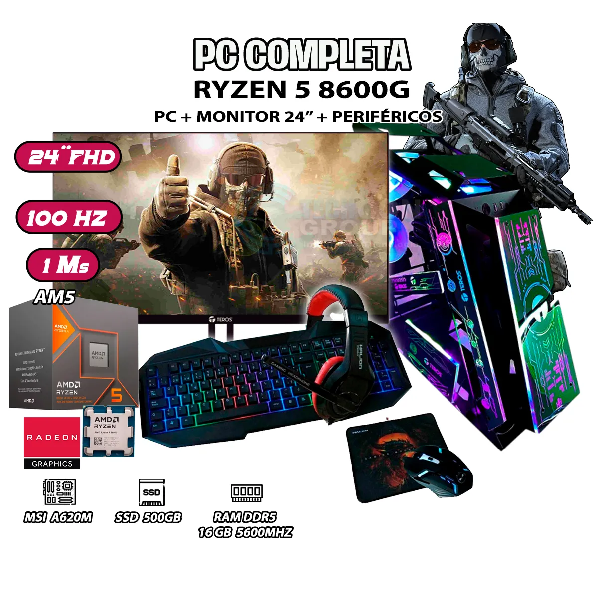 COMPUTADORA PC COMPLETA RYZEN 5 8600G RAM DDR5 16GB SSD 500GB SSD MONITOR 24' - 1