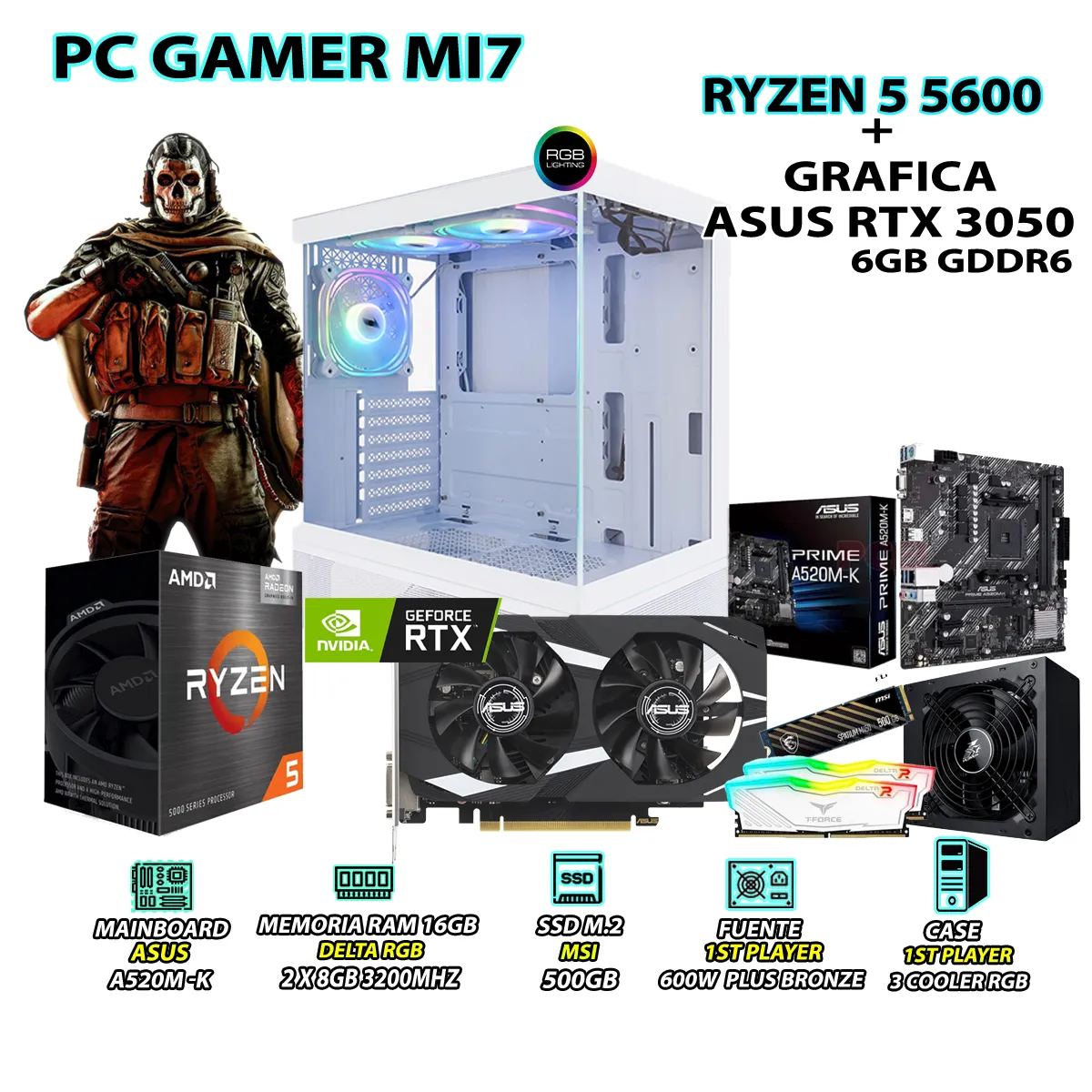 COMPUTADORA GAMER MI7 RYZEN 5 5600 RAM 16GB SSD 500GB ASUS RTX 3050 6GB - 1