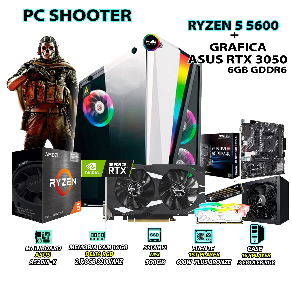 COMPUTADORA GAMER SHOOTER RYZEN 5 5600 RAM 16GB SSD 500GB ASUS RTX 3050 6GB - 1
