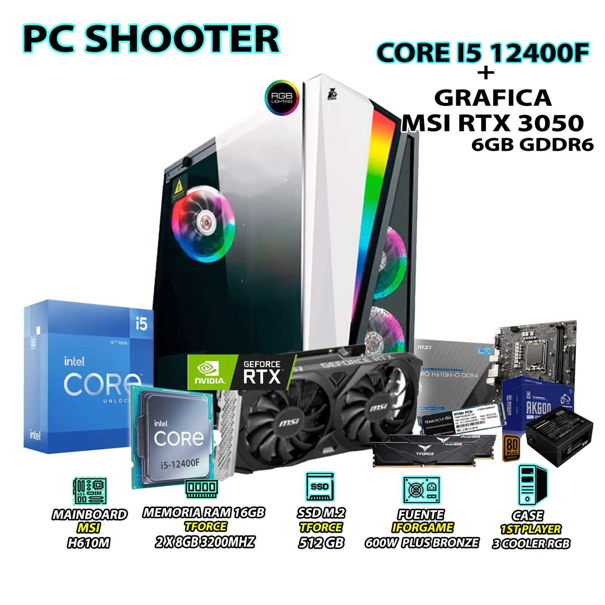 COMPUTADORA GAMER SHOOTER CORE I5 12400F RAM 16GB SSD 500GB RTX 3050 6GB - 1